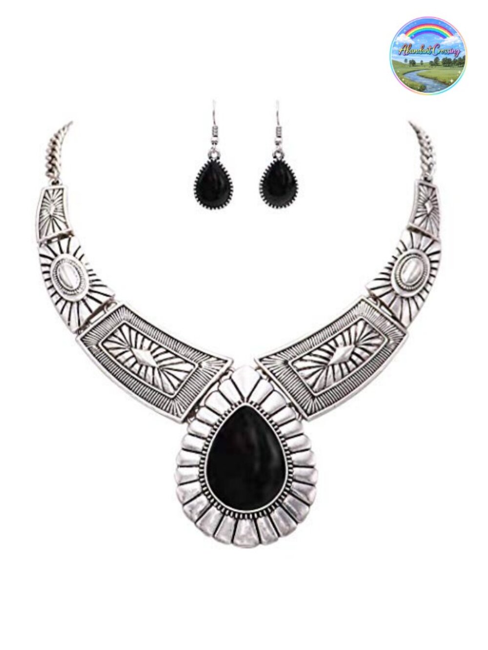 Western Howlite Teardrop Necklace Earrings Set Silver Tone 16-19in Adjustable